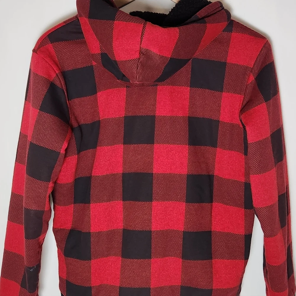 Red and Black Plaid Boys Youth Full Zip Lined Hoodie Sweater Old Navy XL